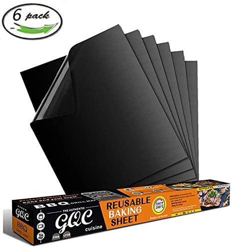 GQC BBQ Grill Mat, Non-Stick Cooking Mat Teflon Reusable Barbecue Baking Mat for Electric Grill Gas Charcoal BBQ, FDA-Approved, PFOA-Free, 15.75 x 13Inch, Black (Set of 6)