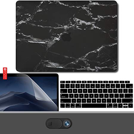 GMYLE MacBook Air 13 Inch Case 2018 Release A1932 with Touch ID Retina Display Bundle, Smooth Plastic Hard Shell, Privacy Webcam Cover Slide, Screen Protector and Keyboard Skin Set – Black Marble