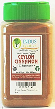 Indus Organic Ceylon Cinnamon Powder, 8 Oz, Premium Grade, Freshly Packed in New Ergonomic Jar