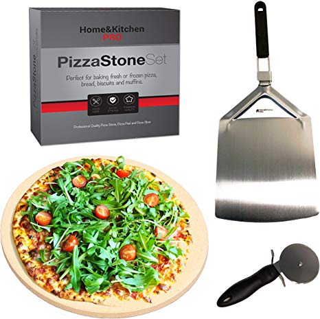 Professional Pizza Stone Set - Cordierite Pizza Stone, Pizza Paddle and Cutter. Perfect for Baking Pizza, Bread or Muffins. BBQ Pizza Stone, Oven Pizza Stone