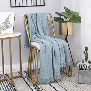 Simple&Opulence Luxury Vintage Cotton Throw Blanket Cable Knit Woven with Tassels Cozy Blanket Scarf Shawl Farmhouse Decoration (Eggshell Blue)