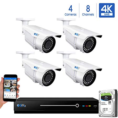 GW 8 Channel 4K NVR 8MP (3840x2160) H.265 PoE Security Camera System - 4 x UltraHD 4K 2.7~13.5mm Varifocal Zoom 196ft IR 2160p IP Cameras - 8 Megapixel (Four Times The Resolution of 1080p Full HD)