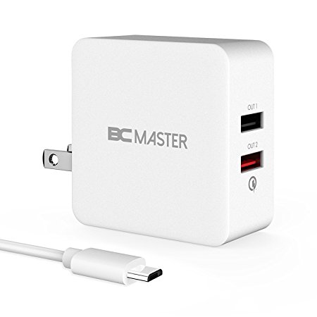 BC Master USB Wall Charger, Quick Charge Adapter 2-Port, TI Smart Technology with Foldable Plug, 3.3ft Micro USB Cable for Galaxy Note8 S9, LG G6/V30, iPhone X/8/Plus and More