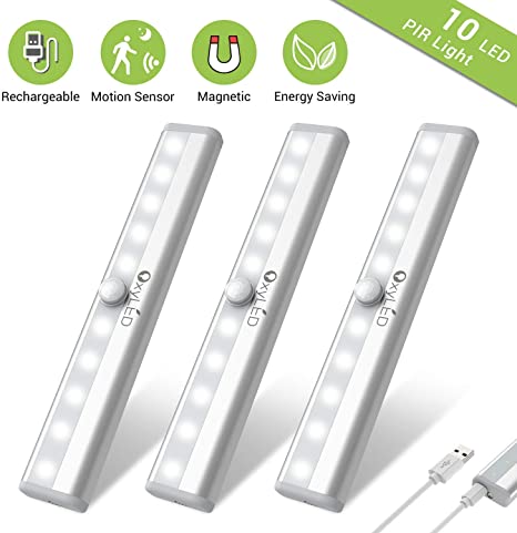 Motion Sensor Wardrobe Lights,OxyLED USB Rechargeable Under Cabinet Cupboard Closet Lights with Magnetic Strip Stick On Anywhere Auto On/Off For Wardrobe Cabinet Hallway Kitchen Bedroom(10 LED,3Pack)