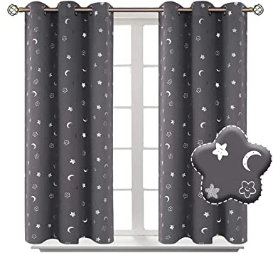BGment Moon and Stars Blackout Curtains for Kids Bedroom, Grommet Thermal Insulated Room Darkening Printed Curtains for Nursery, 2 Panels of 42 x 45 Inch, Dark Grey
