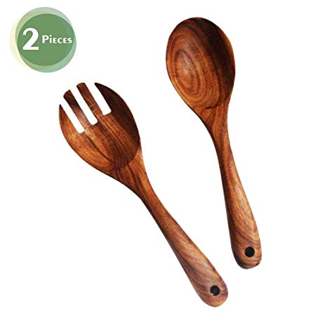 Kalinco Wooden Acacia Salad Servers with Salad Spoon and Fork Set Cooking Utensils for Kitchen (Natural Handmade Cookware)