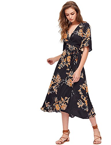 Milumia Women's Boho Deep V Neck Floral Chiffon Wrap Split Long Dress