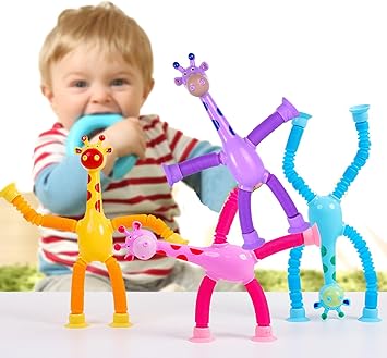 Pop Tubes, Sucker Pop Tubes Giraffe,4 Pcs Shape Changing Telescopic Tube Fidget Toys, Fidget Tubes Sensory Toys Pack for Girls Boys,Telescopic Suction Cup Giraffe Toy