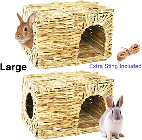 Hand Crafted Extra Large Grass House for Rabbits, Guinea Pigs and Small Animals; Edible Natural Grass Hideaway; Foldable Toy Hut with Openings; Safe and Comfortable Playhouse for Play and Sleep…