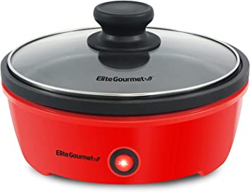 Elite Gourmet EGL-6101# Personal Stir Fry Griddle Pan, Rapid Heat Up, 650 Watts Non-stick Electric Skillet with Tempered Glass Lid, Red