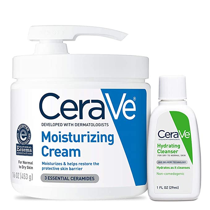 CeraVe Moisturizing Cream Combo Pack | Contains 16 Ounce with Pump and 1 Ounce Hydrating Facial Cleanser Trial/Sample Size