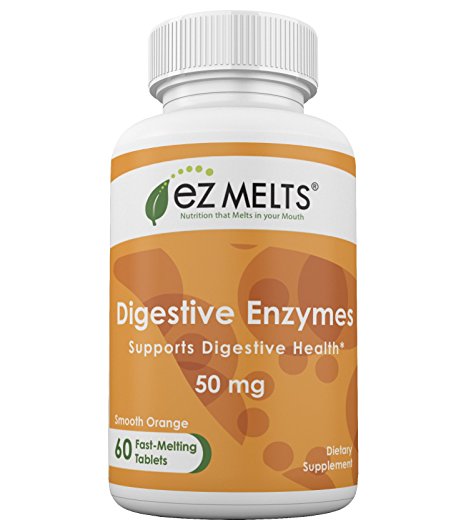 EZ Melts Digestive Enzymes, 50 mg, Fast Melting Tablets, All Natural Orange Flavor, Digestive Health Chewable Vitamin Supplement