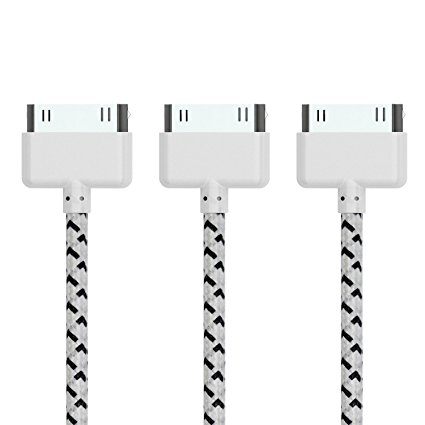 Go Beyond (TM) 3 Feet 30 Pin Nylon Braided Premium Durable USB Charging/Data Sync Cable for Apple iPod, iPhone, and iPad - 3 pack (White Nylon)