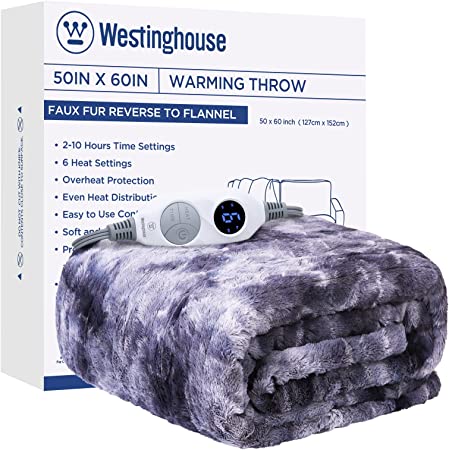 Westinghouse Electric Blanket Heated Throw, Soft Fuzzy Faux Fur Blanket, 6 Heating Levels & 2 to 10 Hours Time Setting, Machine Washable, Grey, 50"x60"