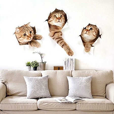 Animoeco Animal Wall Decals 3D Cat Stickers Vivid Removable Cartoon Baby Kids Rooms Decoration For Nursery Room, Kitchen, Offices etc