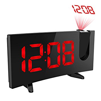 Projection Clock, Pictek 5" Curved-Screen Projection Alarm Clock, Digital Dimmable Projection FM Clock with USB Charging, Dual Alarm, Battery Backup, Red