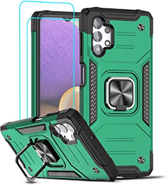 LeYi Compatible with Galaxy A32 5G Case (Not Fit A32 4G) with Tempered Glass Screen Protector(2PCS), [Military-Grade] Phone Cover with Ring Holder Kickstand for Samsung A32 5G, Green