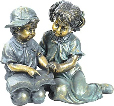 Alpine Corporation Girl and Boy Reading Statue Set - Outdoor Decor for Garden, Patio, Deck, Porch - Yard Art Decoration - Includes 2 Statues