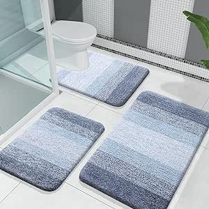 OLANLY Luxury Bathroom Rugs Sets 3 Piece, Soft Absorbent Microfiber Bath Rugs and U-Shaped Contour Toilet Rug, Non-Slip Plush Bath Carpet, Bath Mat Sets for Bathroom (30"x20" 24"x16" 24"x20", Blue)