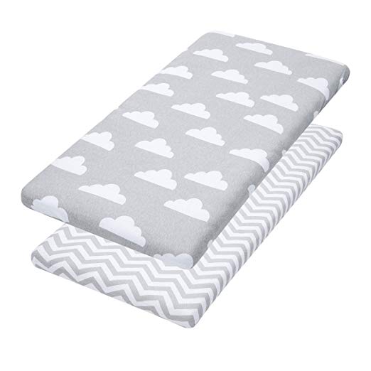 Bassinet Sheets, 2 Pack Clouds/Chevron Fitted Soft Jersey Cotton Cradle Bedding