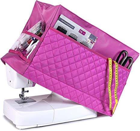 Sewing Machine Cover with 3 Convenient Pockets - Protective Quilted Dust Cover Pro - Universal for Most Standard Singer & Brother Machines | Rodi's (Pink)