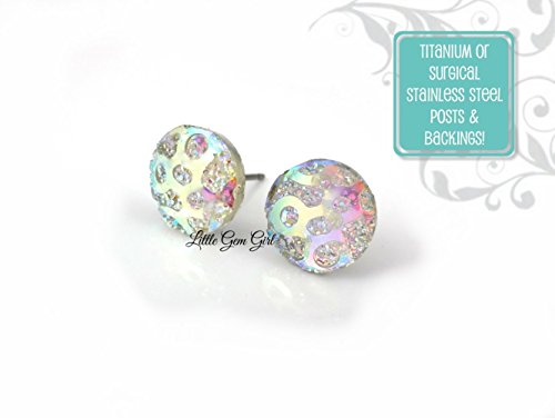 10mm Iridescent Color Changing Frosted Rainbow Aurora Borealis AB Crystal Stud Earrings - Titanium or Surgical Stainless Steel Posts Nickel Free for Sensitive Ears