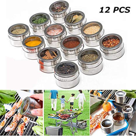 AOLVO Spice Organizer,Stainless Steel Tins with Clear Top Lids for Kitchen Cooking Tools Sets of 12