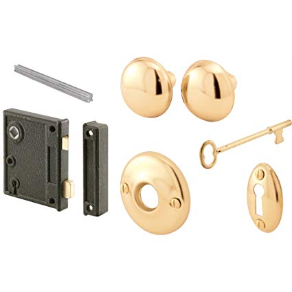 Prime-Line E 2437 Vertical Trim Lock Set, 2-1/2 in. Backset, Cast Steel, Brass Plated Knobs, Keyed Alike