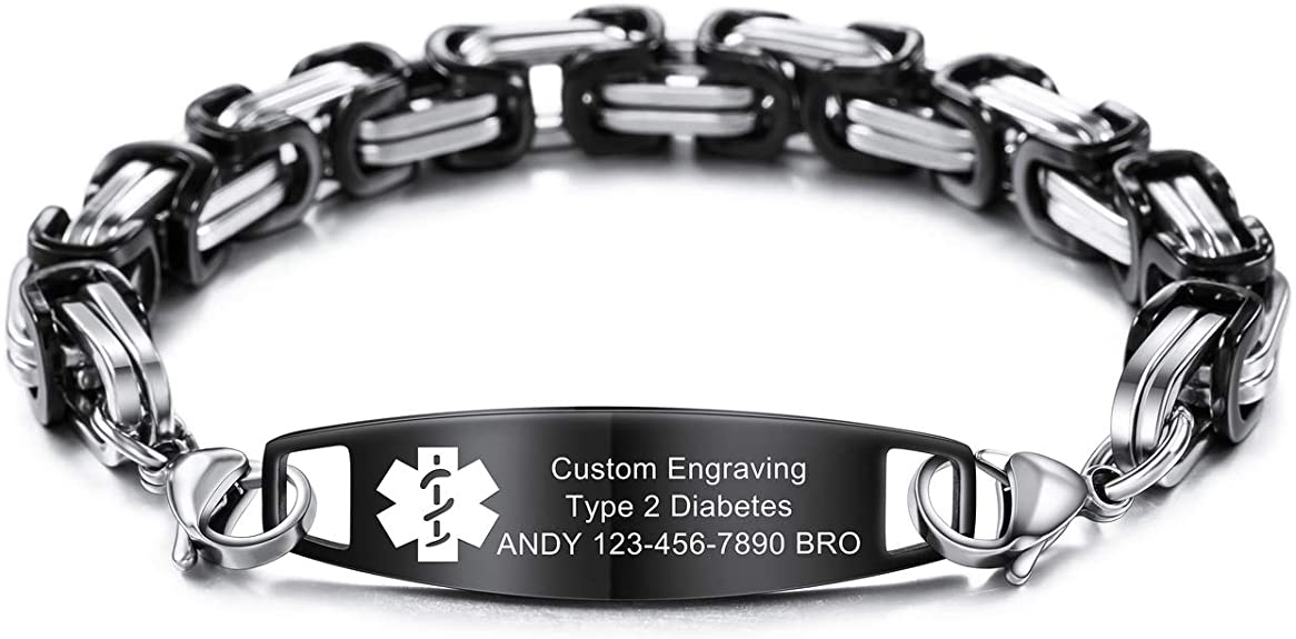 MOWOM Medical Alert Bracelet Custom Engraved, 6.5-8.7 Inches, Allergy Life Identification Name ID for Men Women Stainless Steel Chain Bracelets - (Bundle with Emergency Card, Holder)