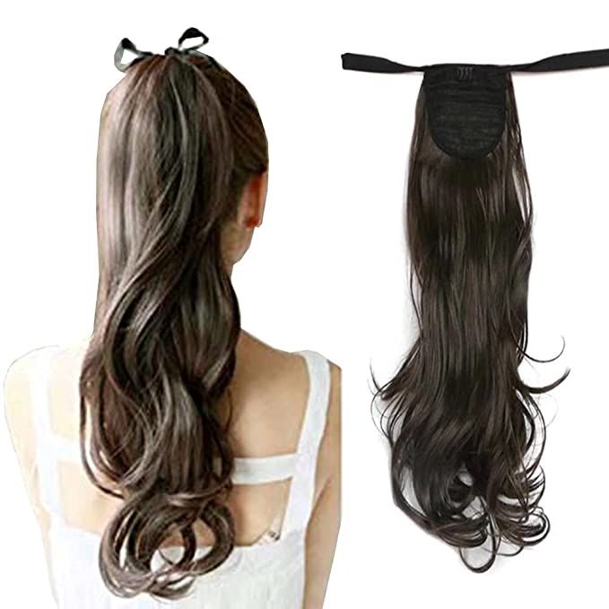 Observe Hair Color Outdoor! iLUU 20" 90g Tie up Bingding Ponytail Clip in Hair Extension #8 Medium Brown Long Wavy Curly One Piece Wrap Around Pony Tail Synthetic Hairpiece for Lady Women