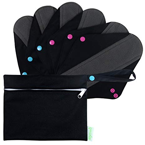 Wegreeco Bamboo Reusable Sanitary Pads (New Pattern) - Cloth Sanitary Pads | Bladder Support & Incontinence Pads | Reusable Menstrual Pads - 6 Pack Pads, 1 Cloth Mini Wet Bag Bonus (Medium, Black)