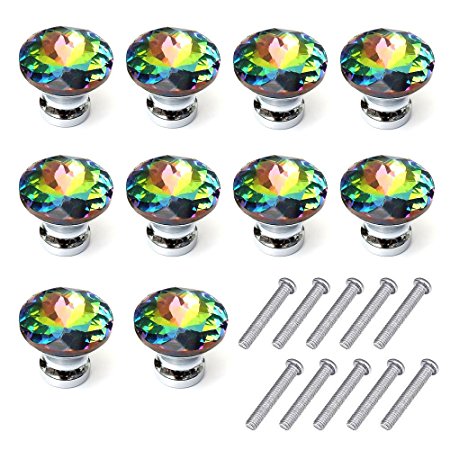 Mosong 10pcs 30mm Glass Clear Cabinet Knob Drawer Pull Handle Kitchen Door Wardrobe Hardware Used for Cabinet, Drawer, Chest, Bin, Dresser, Cupboard, Etc (Rainbow)