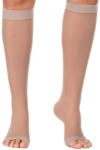 Sheer Open Toe Compression Stockings Woman's Knee-Hi Medium Support 15-20mmHg Large Nude