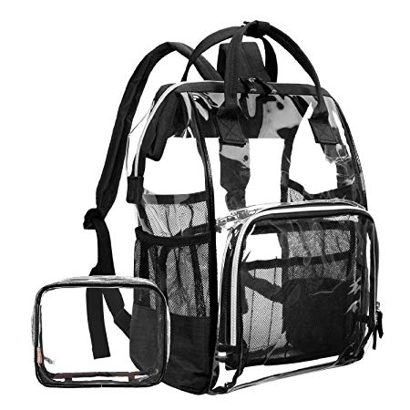 LOKASS Large Clear Backpack Transparent PVC Multi-Pockets School Backpacks/Outdoor Backpack Fit 15.6 Inch Laptop Safety Travel Rucksack with Black Trim-Adjustable Straps & Mesh Side(Black)