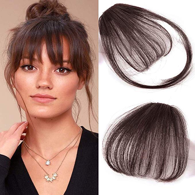 HIKYUU #4 Medium Brown Thin Neat Air Bangs Remy Human Hair Extensions Clip in on Fringe Bangs Clip in Hair Extensions Natural Hair without Temples