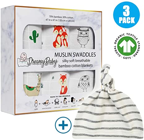 Dreamy Baby Muslin Swaddle Blankets Organic Unisex Swaddle Wrap Softest Breathable Cotton Bamboo Neutral Receiving Blanket for Swaddling Large 47 inches Fox - Owl - Llama - Cactus