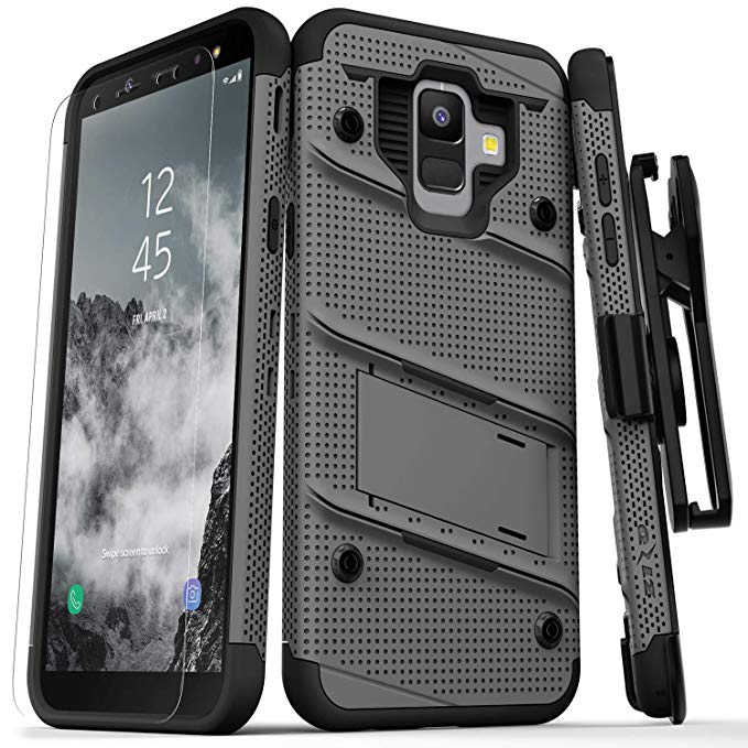 ZIZO Bolt Series Samsung Galaxy A6 case Military Grade Drop Tested Tempered Glass Screen Protector Holster Kickstand Gun Metal Gray