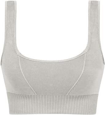 ODODOS Seamless Square Neck Sports Bra for Women Ribbed Crop Tank Casual Low Back Cropped Tops