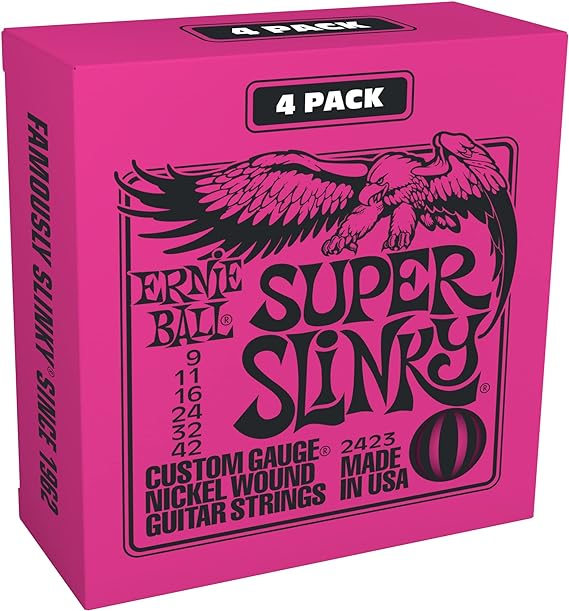 Ernie Ball Super Slinky Nickel Wound Electric Guitar Strings 4 Pack - 9-42 Gauge (P02423)