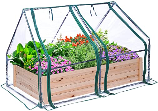 Raised Garden Bed with Greenhouse, Ohuhu 4 x 3 x 1 FT Wood Planter Kit Box with 2 Zipper Windows Cover Easy for Venting Watering, Wooden Garden Beds with Clear Cover to Grow Flowers Herbs Succulents