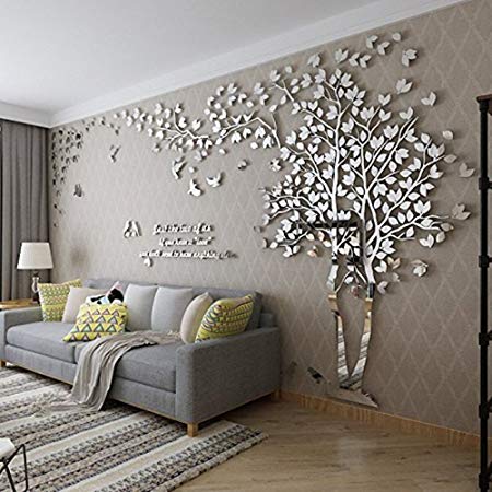 3D Huge Couple Tree DIY Wall Stickers Crystal Acrylic Wall Decals Wall Murals Nursery Living Room Bedroom TV Background Home Decorations Arts (Silver-Right, L)