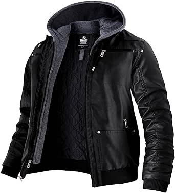 Wantdo Homme Veste en Simili Cuir Manteau Chaud Coupe-Vent Moto Rétro Multi-Poches Blouson en PU Capuche Amovible Veste de Texture Mate