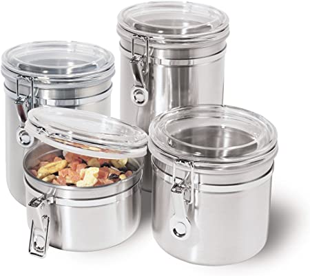 Oggi Stainless Steel Canister Set with Airtight Acrylic Lid and Clamp, 4-Piece