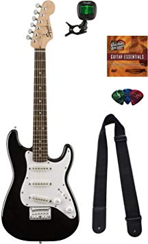 Squier by Fender Mini Strat Electric Guitar - Black Bundle with Tuner, Strap, Picks, Austin Bazaar Instructional DVD, and Polishing Cloth