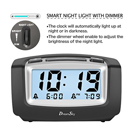 DreamSky Dual Alarm Clock With Snooze And Backlight , Smart Nightlight With Dimmer ,Battery Operated , Ascending Alarms Sound , Easy To Use .