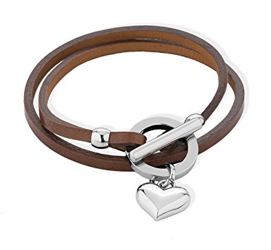 Rhodium Plated Base Metal and Brown Leather Heart Charm Double Wrap Bracelet