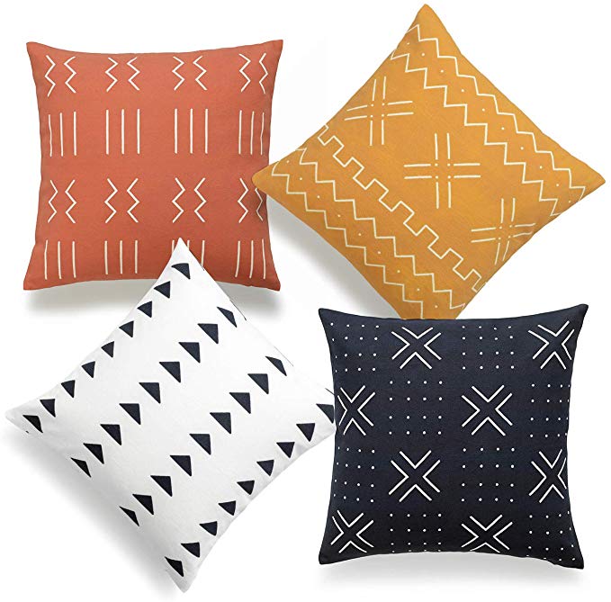 Hofdeco African Mudcloth Pillow Cover ONLY, Rust Orange Mustard Yellow Black White, Dashes X Stripes Triangle, 18"x18", Set of 4