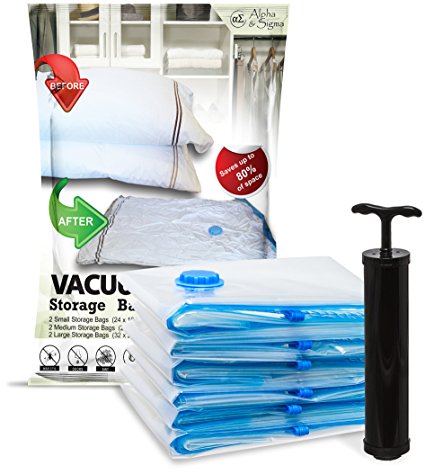 Alpha & Sigma 6 Vacuum Compression Storage Bags - Variety Pack With Air Pump | Reusable, Ergonomic, Puncture Resistant & Waterproof | Organize Your Clothes, Optimize Suitcase Space, Enhance Traveling