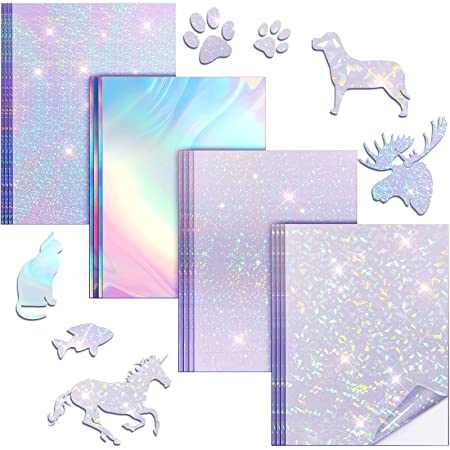 24 Sheets Holographic Sticker Paper Transparent Holographic Vinyl Paper Self Adhesive Transparent Sticker Holographic Adhesive Waterproof Film for Stickers, A4 Size, 8.25 x 11.7 Inches