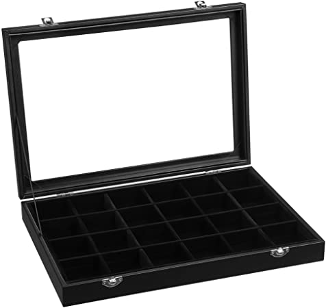 SONGMICS Jewellery Box, Jewellery Organiser with 24 Compartments, Ring Display Case with Velvet Lining, Jewellery Display Boxwith Glass Lid and Closure, Gift Idea, Black JDS303
